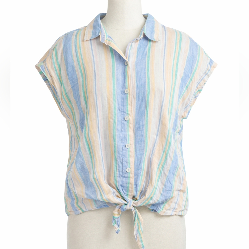Talbots Petite Linen Striped Tie Front Button Up Top Blue Green Peach
